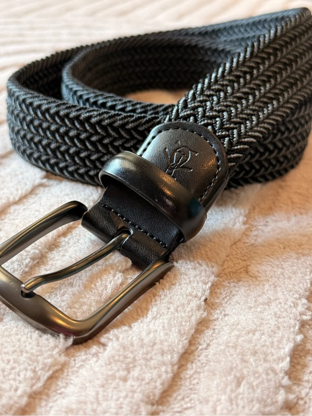 Original Penguin Black Braided Elastic Belt with Leather Trim